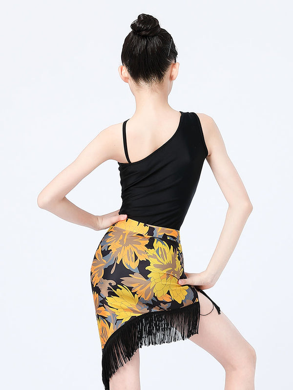 Summer Latin Dance Practice Clothes Slanted Shoulder Split Tassel Skirt Dance Suit - Dorabear