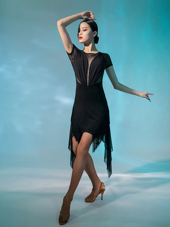 Summer Professional Latin Dance Practice Clothes Tassel Irregular Dress - Dorabear