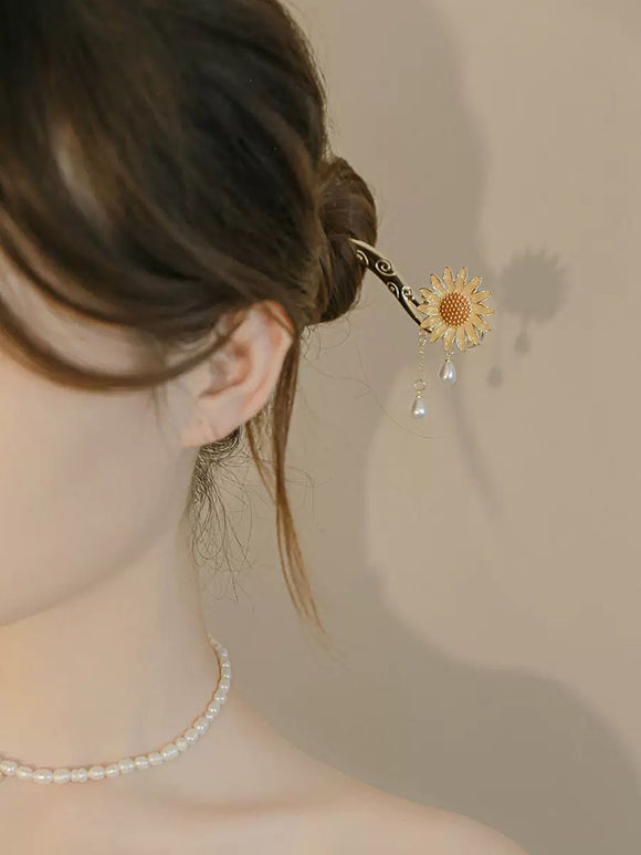 Sunflower Tassel Step Rocking Hairpin Hair Accessories Antique Cheongsam Headwear - Dorabear