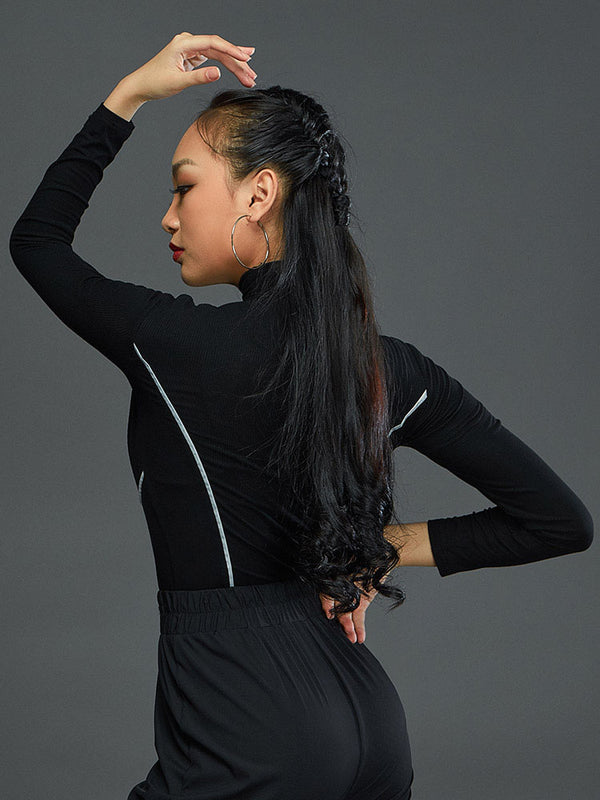 Turtleneck Long Sleeve Latin Dance Top Splicing Strips Exercise Clothes - Dorabear