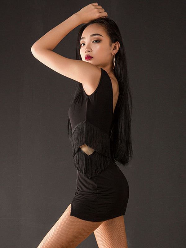 V-neck Mesh Fringed Back Hollow Dress Latin Dance Training Clothes - Dorabear