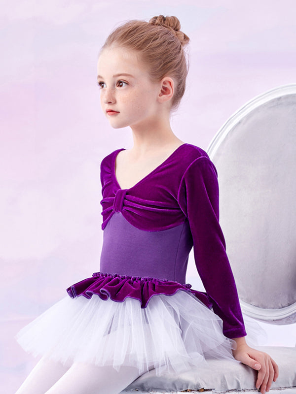 Velvet Stitching One-piece Dance Dress Ballet Long-sleeved Practice Clothes - Dorabear