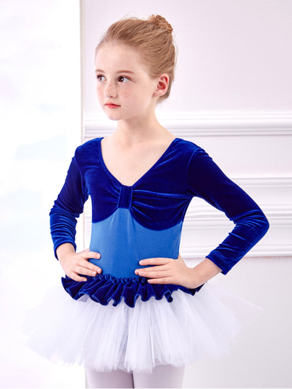 Velvet Stitching One-piece Dance Dress Ballet Long-sleeved Practice Clothes - Dorabear