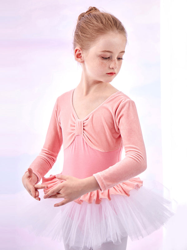 Velvet Stitching One-piece Dance Dress Ballet Long-sleeved Practice Clothes - Dorabear