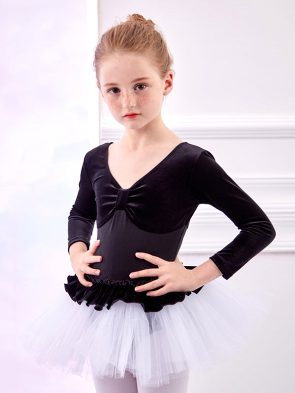 Velvet Stitching One-piece Dance Dress Ballet Long-sleeved Practice Clothes - Dorabear