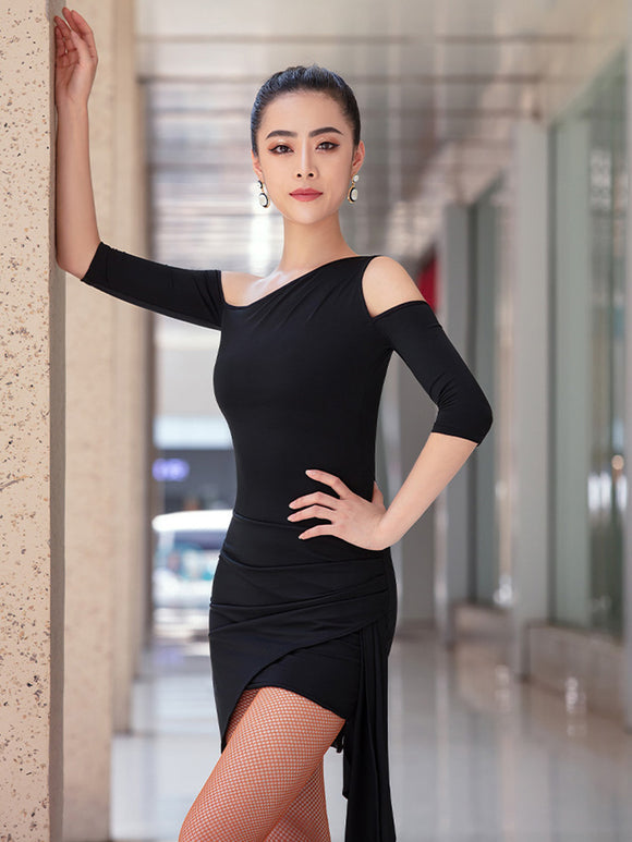 Asymmetric Off Shoulder Design Slim Wrap Hip Latin Dance Dress - Dorabear