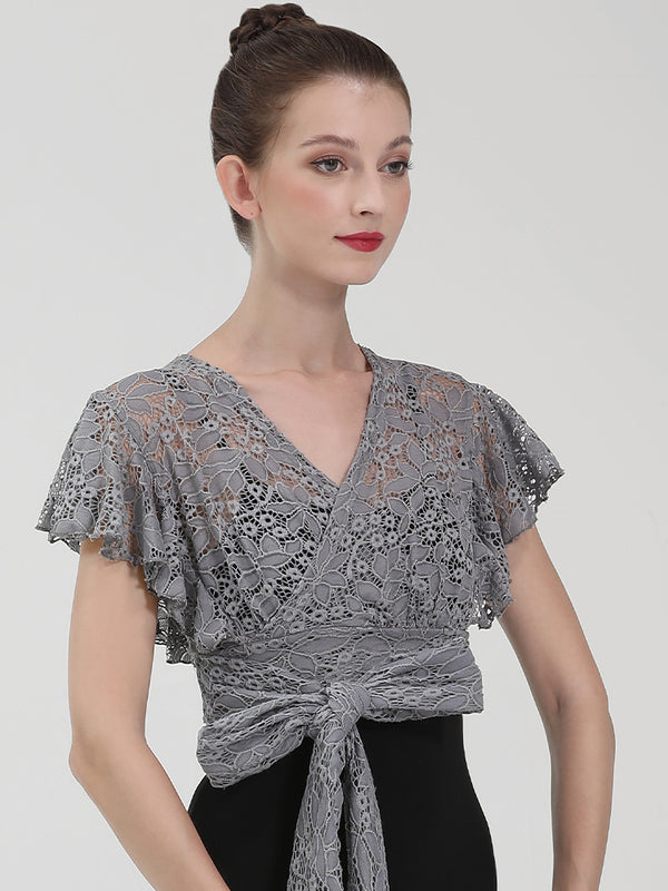 Ballet Lace Dance Top Short Sleeve Shawl Lace-Up Cardigan - Dorabear