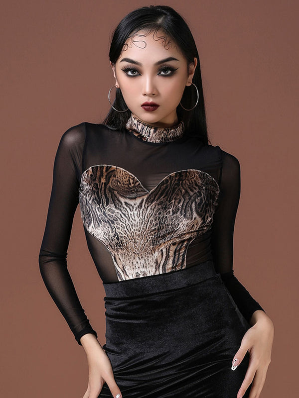 Latin Dance Leotard Stand Collar Velvet Patchwork Mesh Practice Clothes - Dorabear