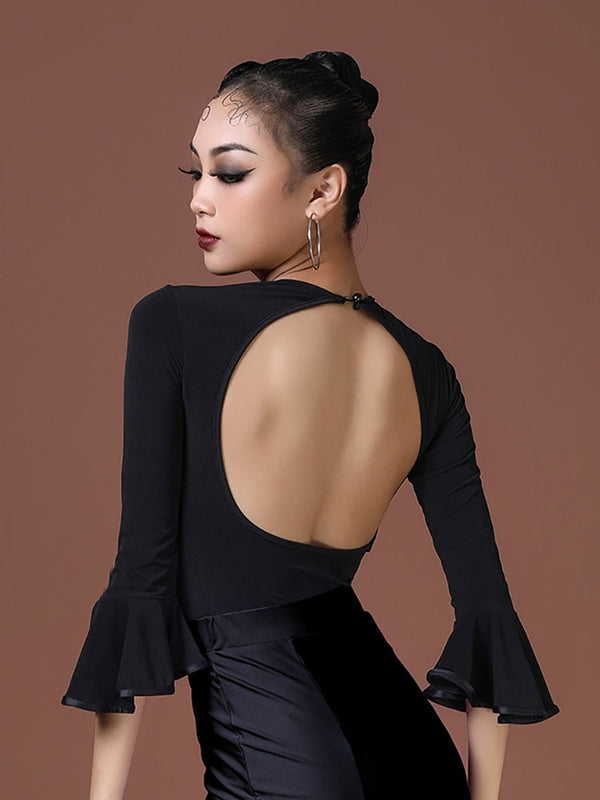 Latin Dance Training Clothes Small Round Neck Flared Sleeves Backless Leotard - Dorabear