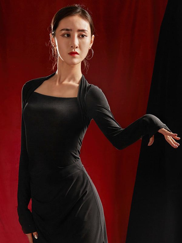 Long Sleeved Neck Hanging Knitted Top Latin Dance Practice Costume - Dorabear