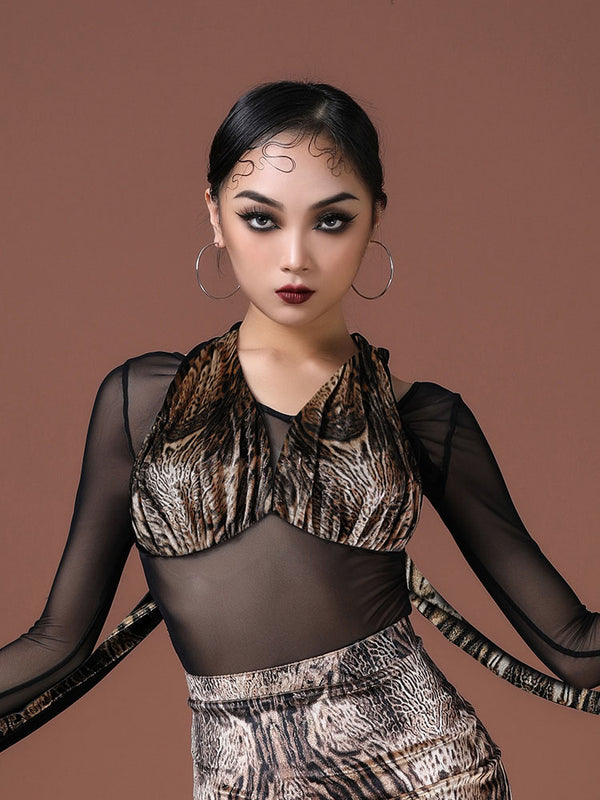 Mesh Velvet Straps Latin Dance Leotard Hit Material Stitching Practice Clothes - Dorabear