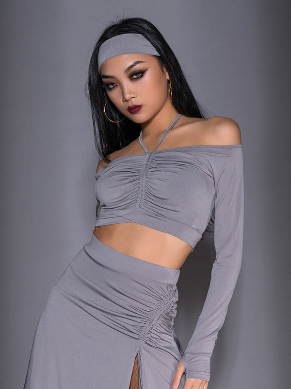 V-Neck Clavicle High-waisted Long Sleeve Short Top Latin Dance Practice Clothes - Dorabear