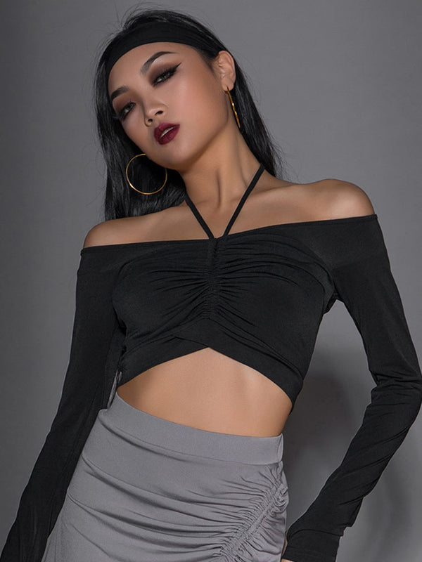 V-Neck Clavicle High-waisted Long Sleeve Short Top Latin Dance Practice Clothes - Dorabear